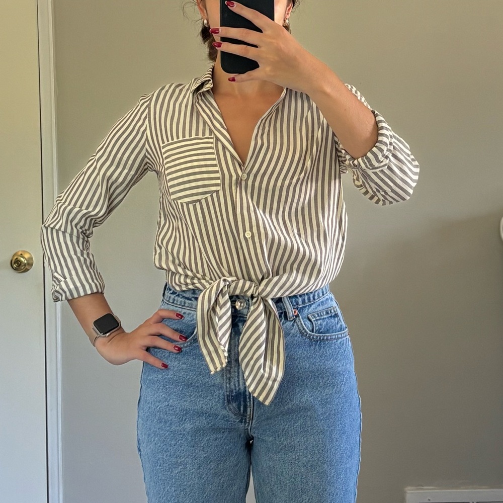 Madewell Cream and Brown Striped Button Down Top with Tie Front